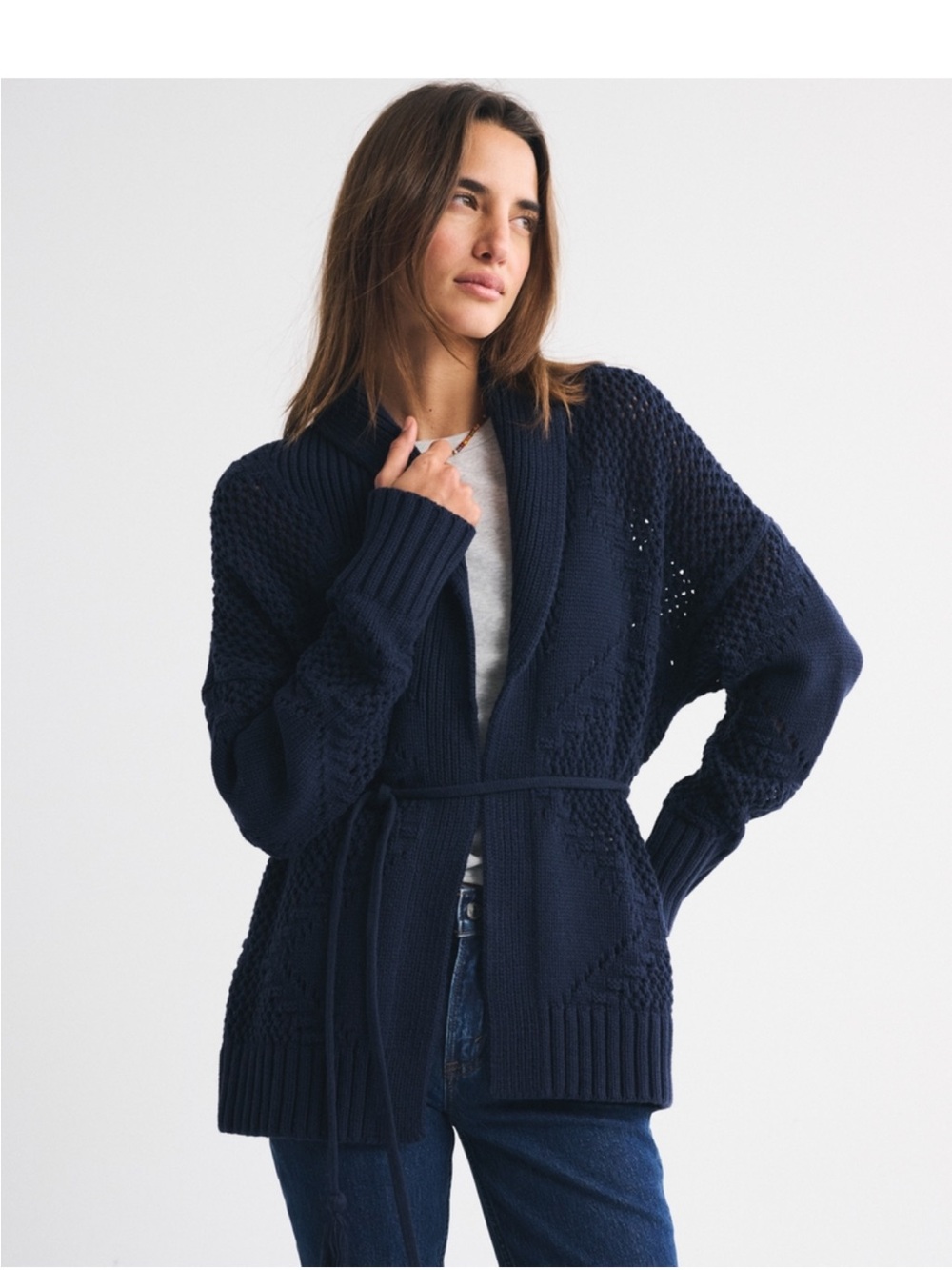 Abercrombie Open-Knit Shawl Collar Belted Sweater Cardigan